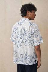 Embroidered Leaf Print Cotton Camp Shirt