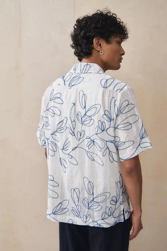 Embroidered Leaf Print Cotton Camp Shirt