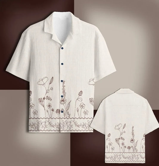 Floral Kantha Embroidered Cotton Camp Shirt
