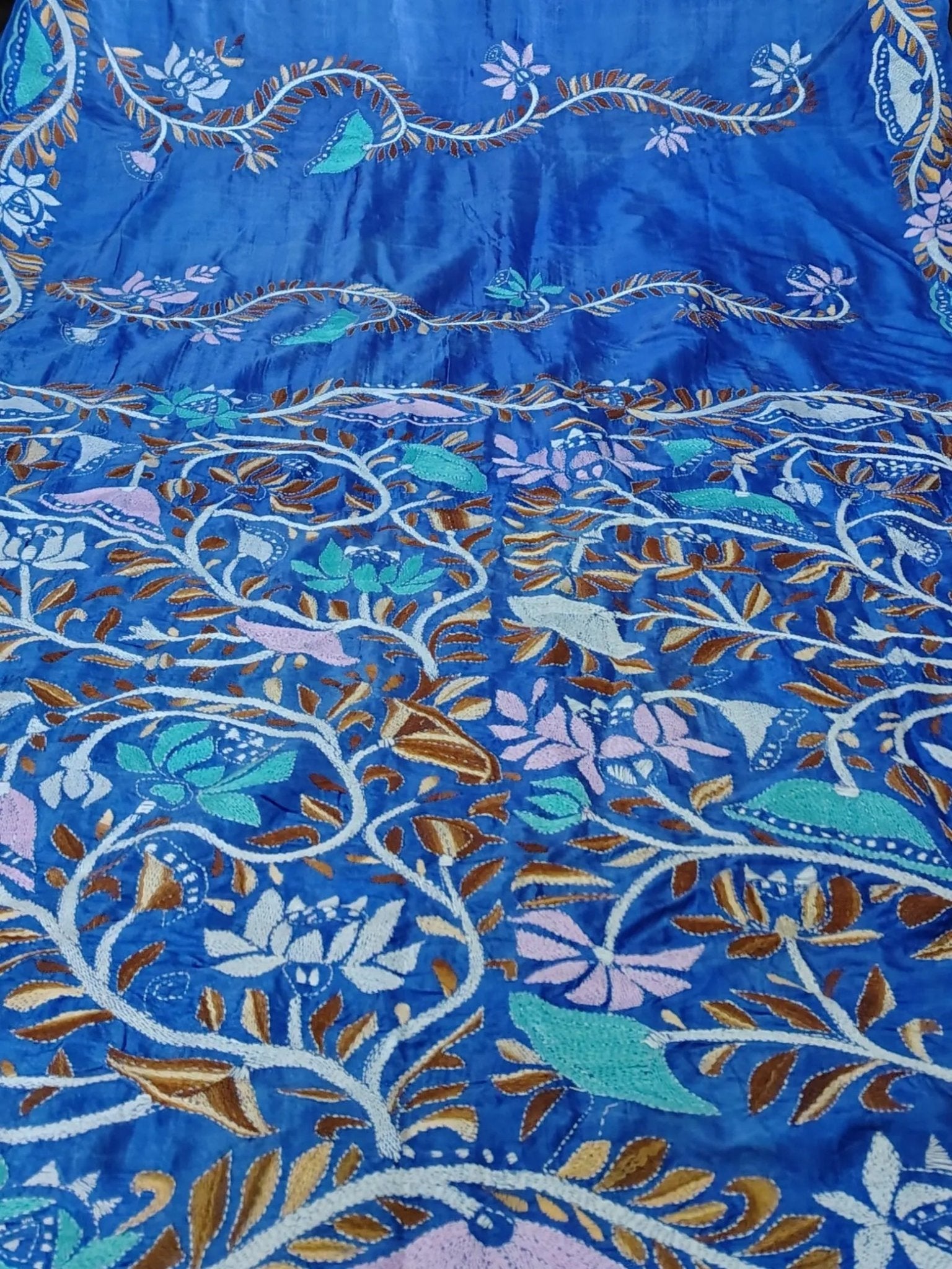 Dupion Silk Kantha Stitch Blue Floral Saree - Kantha.store