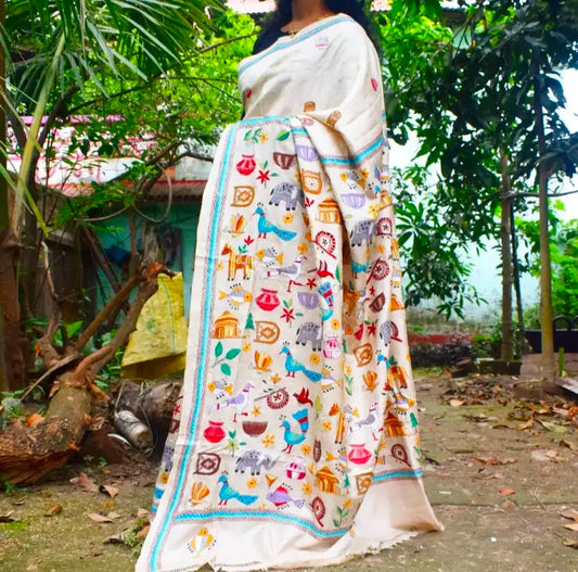 Handmade Bengali Folk Art Kantha Saree with colorful Nakshi embroidery on off-white fabric