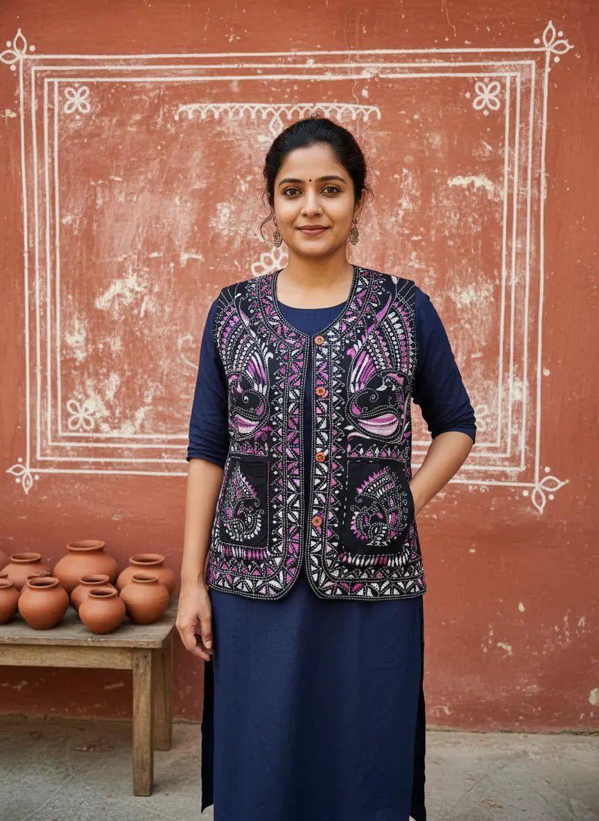 Handcrafted Kantha Stitch Black Jacket - Kantha.store