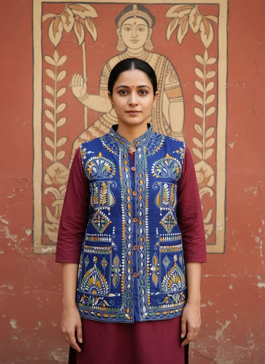 Handcrafted Kantha Stitch Blue Jacket - Kantha.store
