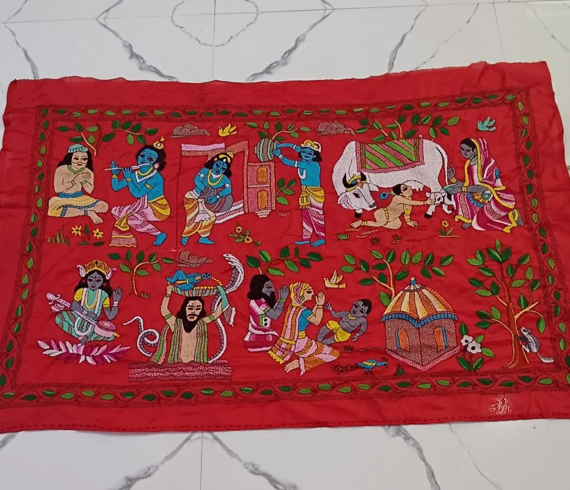 Handcrafted Krishna Leela Kantha Wall Hanging - Kantha.store
