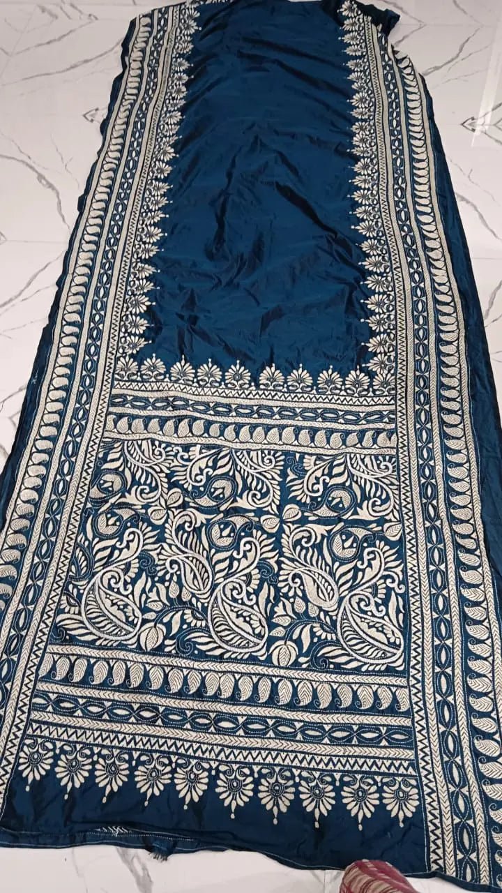Handcrafted Navy Blue Kantha Stitch Saree - Kantha.store