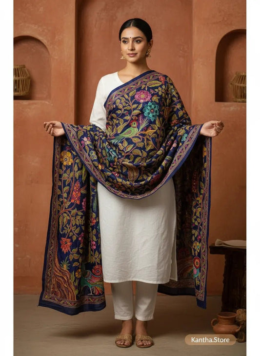 Handcrafted Pure Silk Kantha Dupatta - Kantha.store