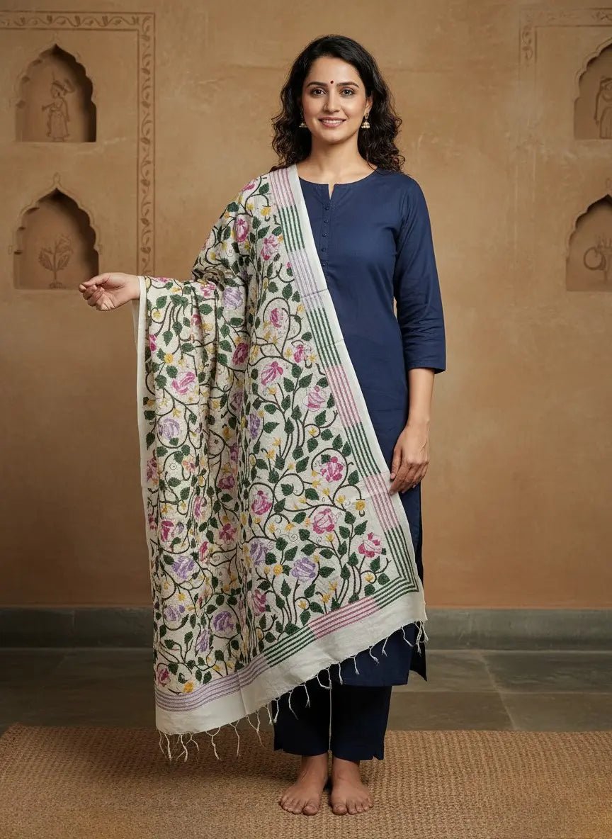 Handcrafted Tussar Kantha Off White Dupatta - Kantha.store