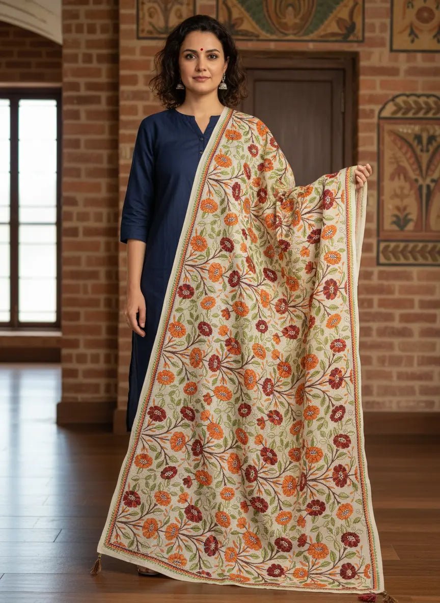 Handcrafted Tussar Kantha Stitch Flower Dupatta - Kantha.store