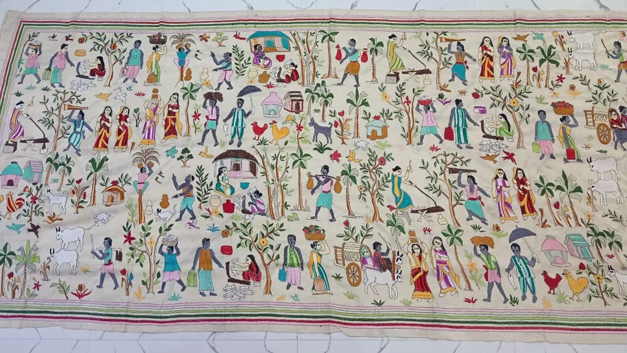 Handcrafted Tussar Silk Kantha Dupatta - Kantha.store