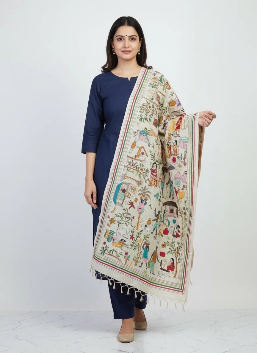Handcrafted Tussar Silk Kantha Dupatta - Kantha.store
