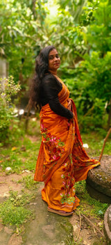 Swarnalata Pure Silk Kantha Saree — Mustard Orange with Lotus Embroidery
