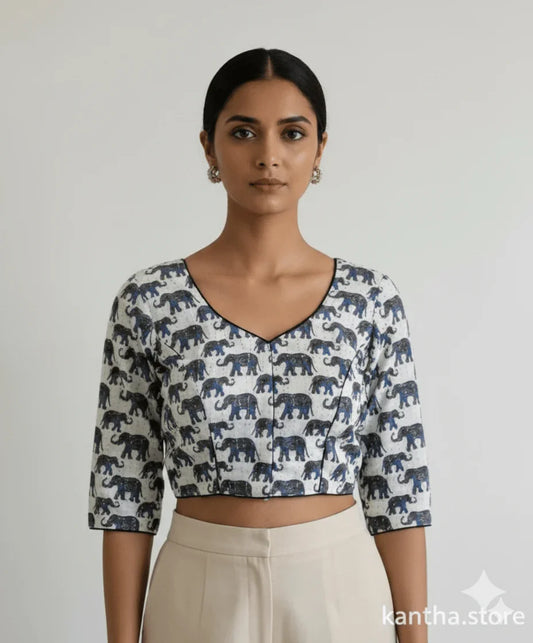Premium Cotton Elephant Kantha Stitch Blouse - Kantha.store
