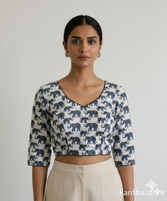 Premium Cotton Elephant Kantha Stitch Blouse