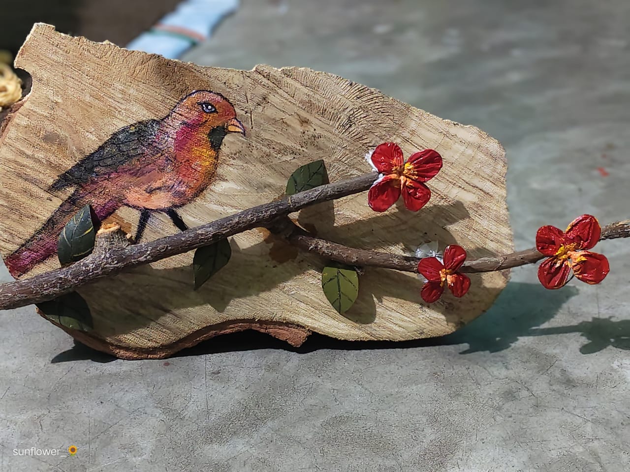 Handcrafted Wooden Wall Art - Bird & Blossoms