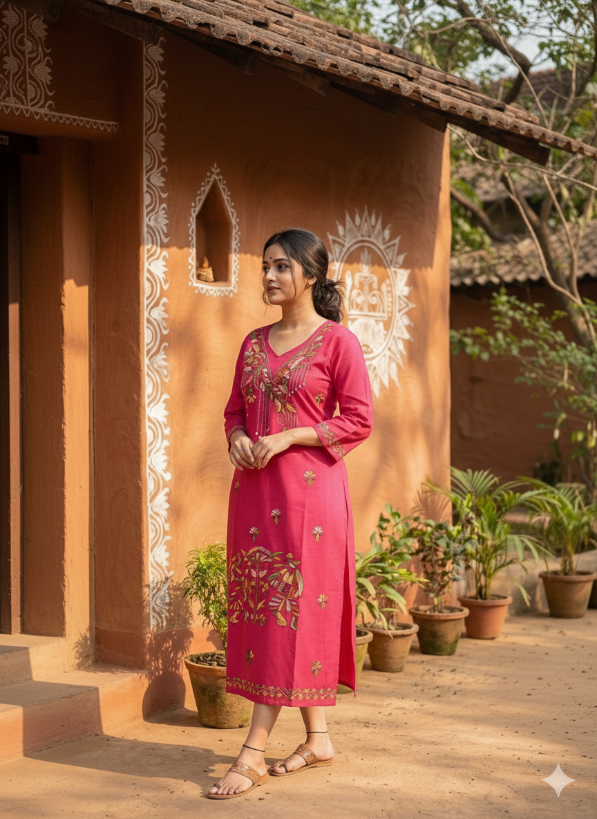 Pure Cotton Pink Kantha Stitch Kurta