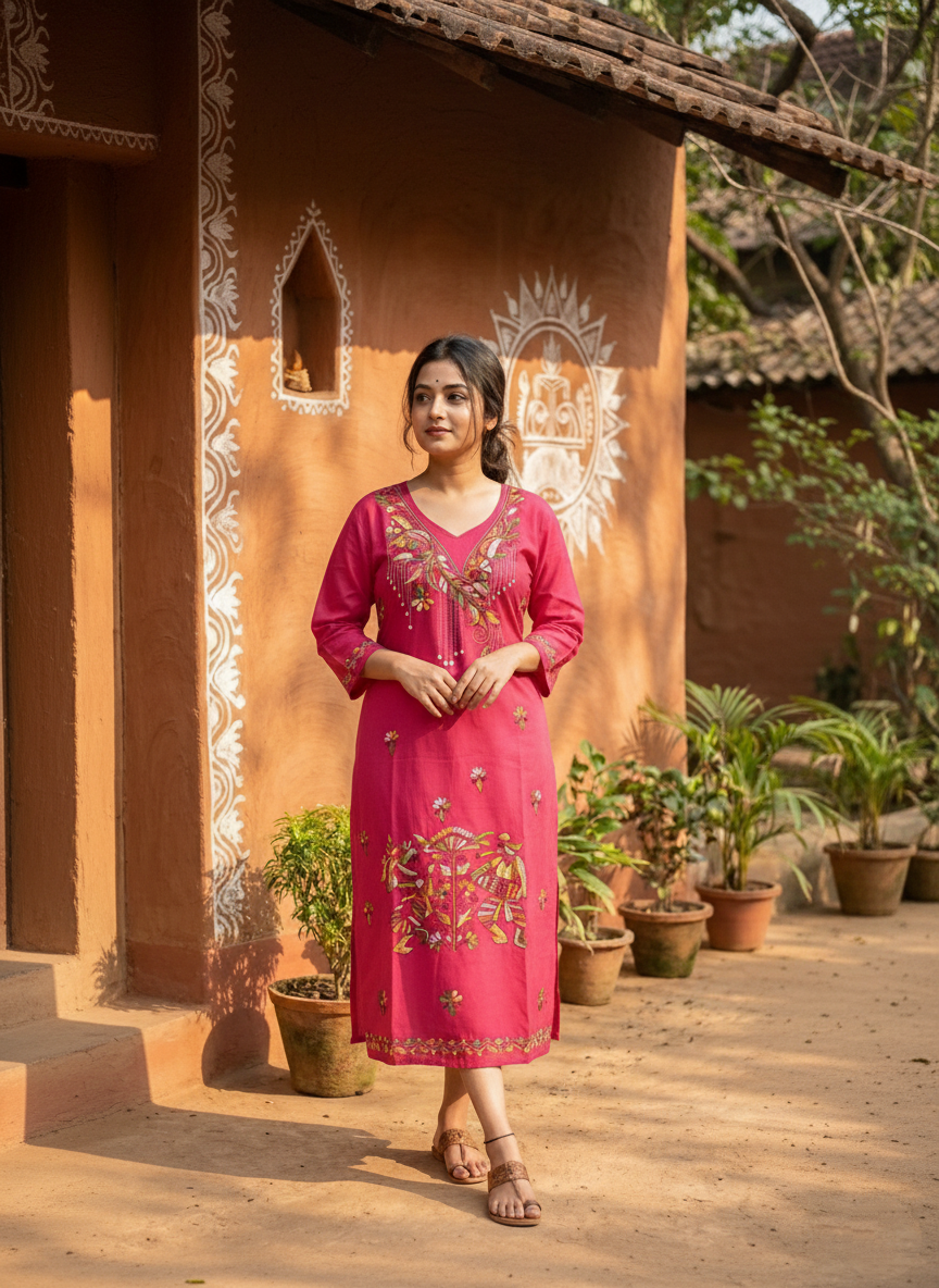 Pure Cotton Pink Kantha Stitch Kurta