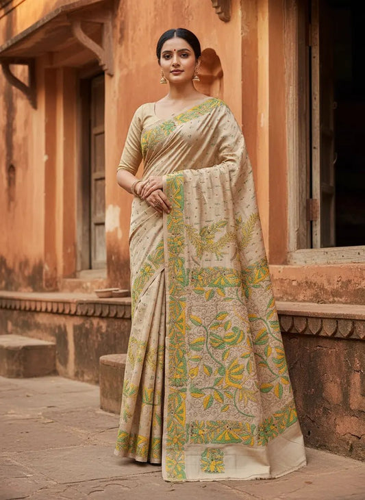 White & Green Gachi Tussar Handcrafted Saree - Kantha.store