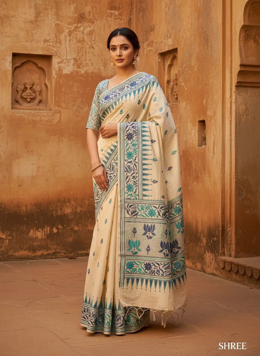 White & Green Gachi Tussar Handcrafted Saree - Kantha.store