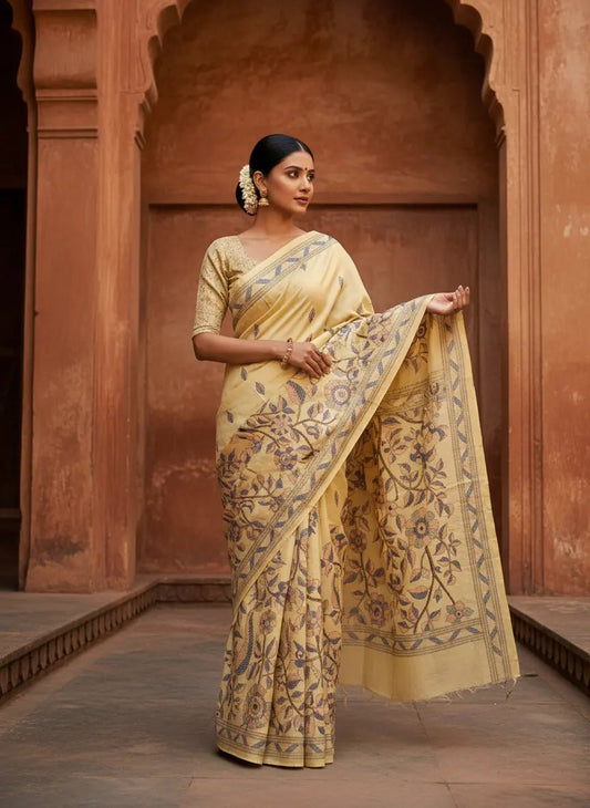 White Semi Tussar Deep Work kantha Saree - Kantha.store