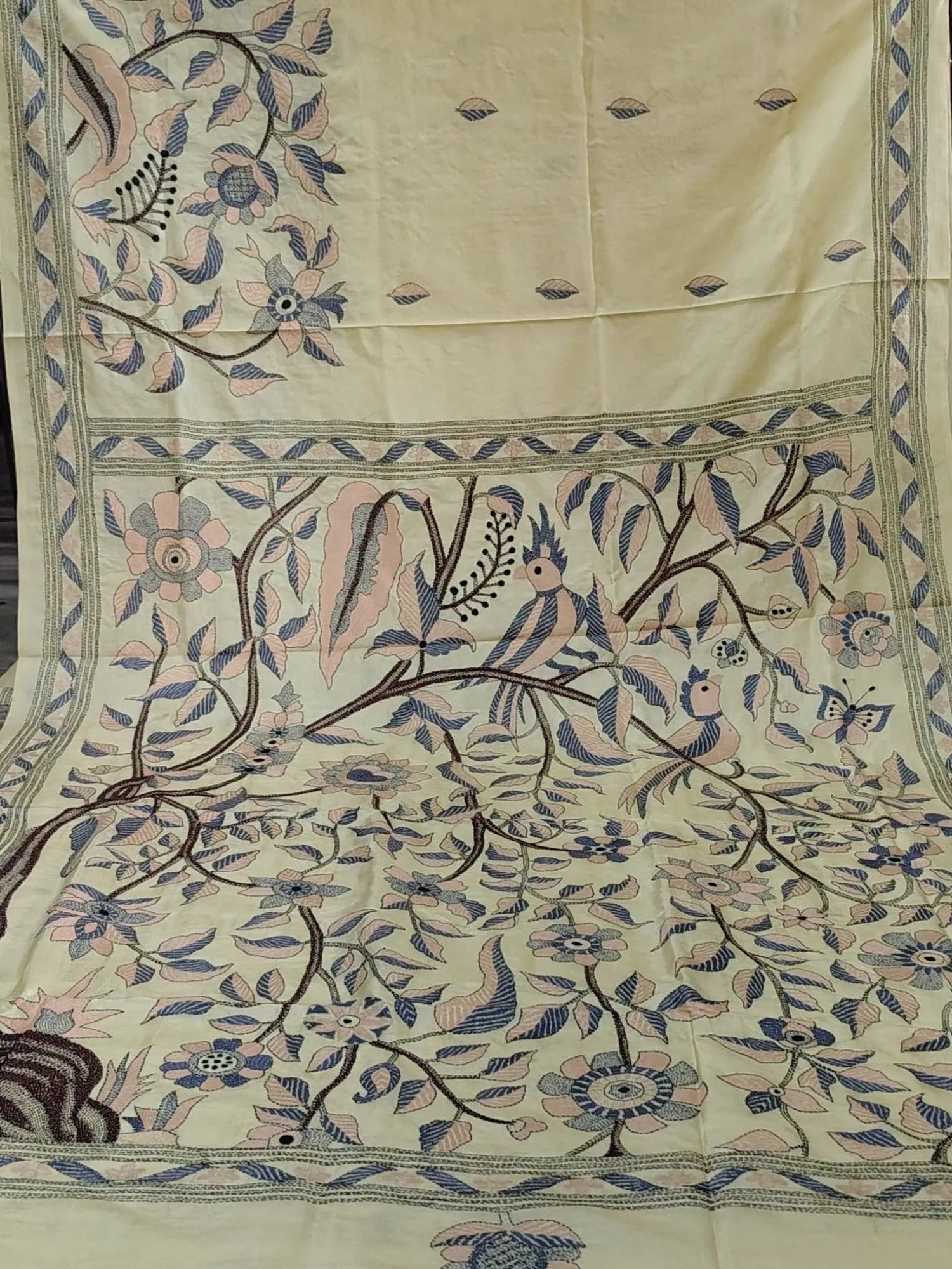 White Semi Tussar Deep Work kantha Saree - Kantha.store