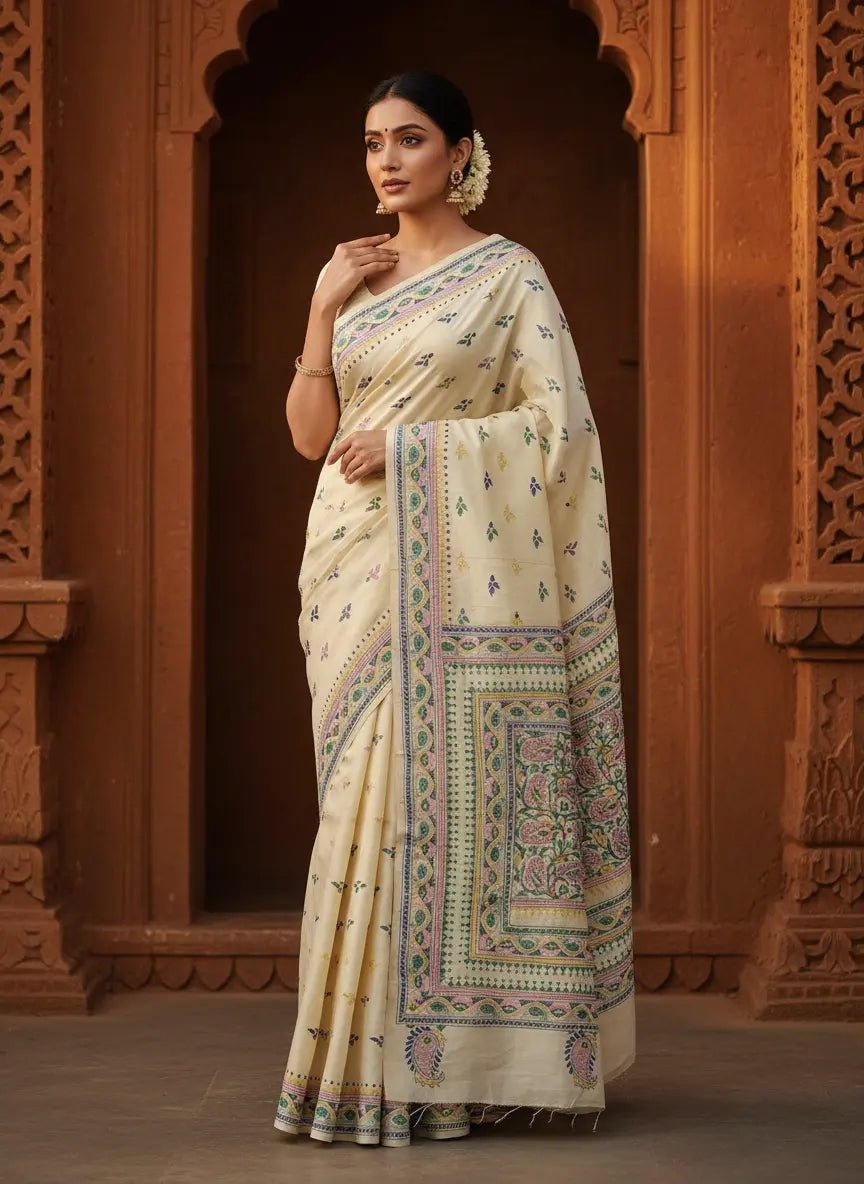 White Semi Tussar Silk Kantha - Stitch Saree with Blouse Piece - Kantha.store