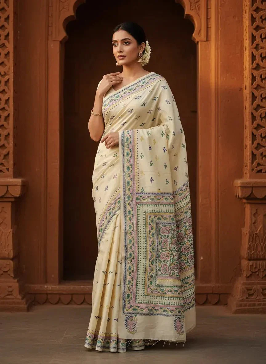 White Semi Tussar Silk Kantha - Stitch Saree with Blouse Piece - Kantha.store