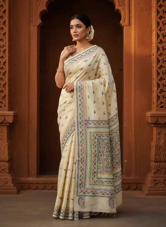 White Semi Tussar Silk Kantha - Stitch Saree with Blouse Piece - Kantha.store